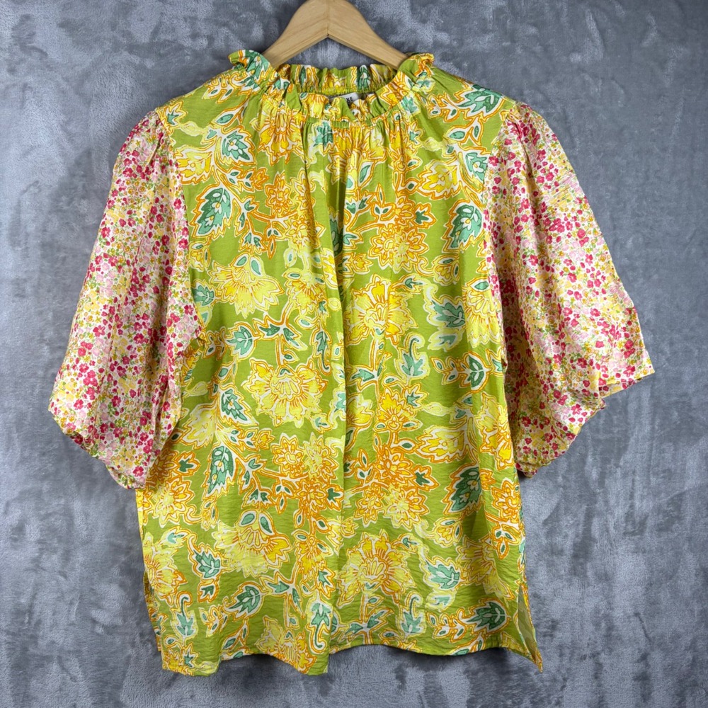 Tru Luxe Womens Floral Print Top Puff Sleeve Ruffle Mock Neck Green M Colorful